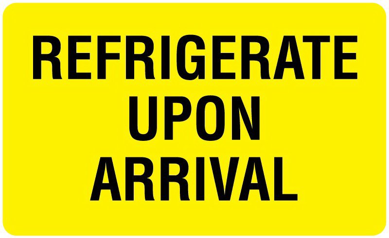 Pre Printed Label UAL Auxiliary Label Yellow Paper REFRIGERATE UPON ARRIVAL Temperature Control 2 1/8 X 3 1/2 Inch