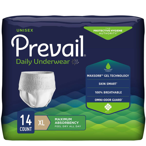 Unisex Adult Absorbent Underwear Prevail Daily Underwear Maximum Pull On with Tear Away Seams X Large Disposable Heavy Absorbency