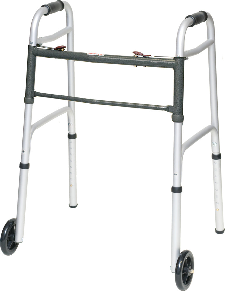 ProBasics Aluminum Two-Button Release Folding Walker Lightweight, Weight Support-300lbs, Wheel Size-5inch, WKAAW2B