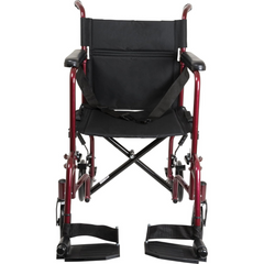 Burgundy transport chair with secure seat belt and foot supports