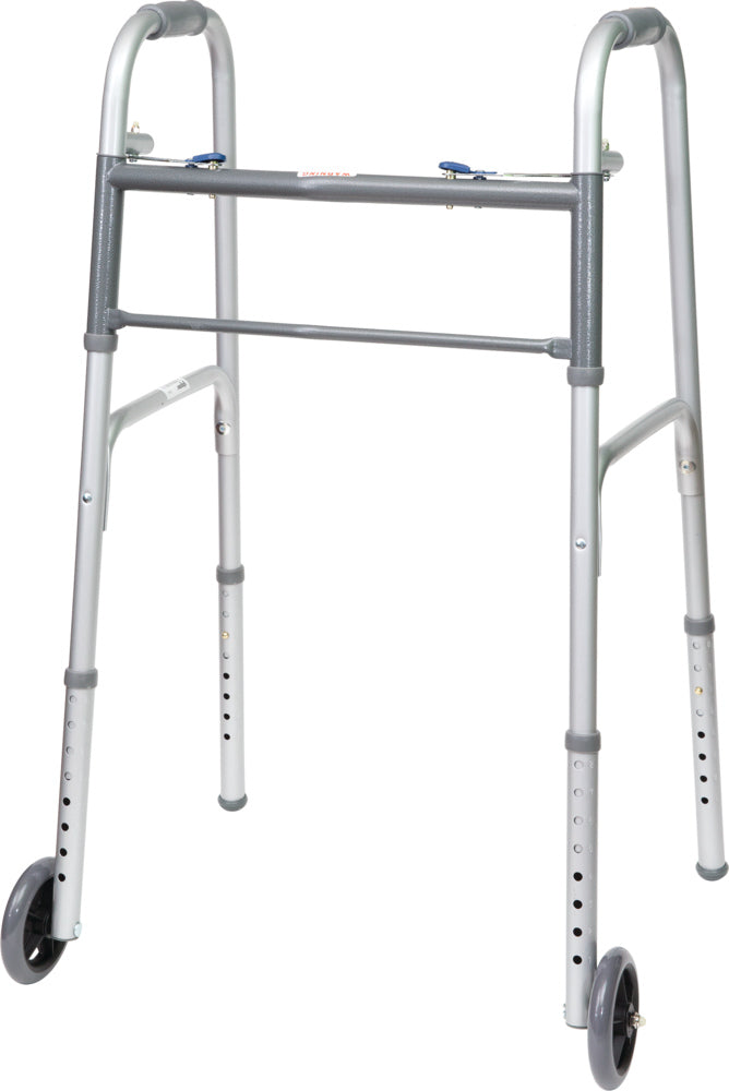 ProBasics Economy Two-Button Folding Steel Walker Lightweight, Weight Support-350lbs, Wheel Size-5inch, WKSAW2B