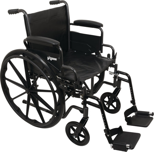 ProBasics K2 wheelchair with 18 x 16 seat and swing-away footrests front angle view
