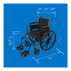 Probasics K3 Lightweight Wheelchair with flip-back height adjustable arms and swing-away or elevating padded leg rests. ,Large 24" rear wheels Wheels ,300 lbs Weight Capacity ,16" x 16" ,WC31616DE