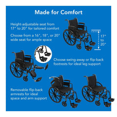 Probasics K3 Lightweight Wheelchair with flip-back height adjustable arms and swing-away or elevating padded leg rests. ,Large 24" rear wheels Wheels ,300 lbs Weight Capacity ,16" x 16" ,WC31616DE