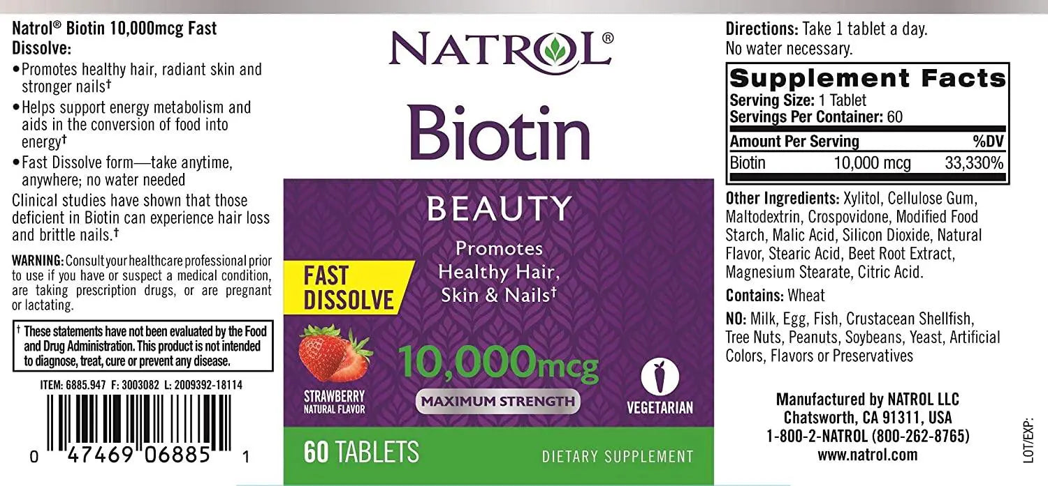 Natrol Biotin - Fast Dissolve - Strawberry - 10000 Mcg - 60 Tablets