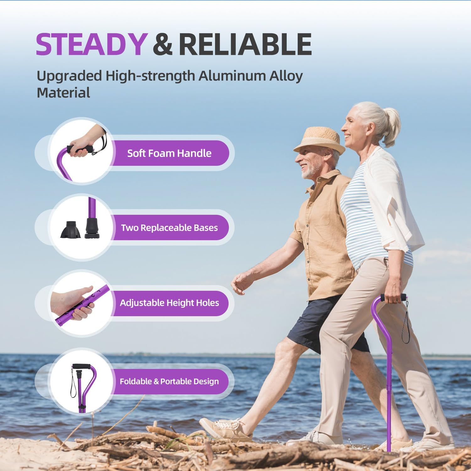 Bastón ajustable para hombres y mujeres con mango suave y acolchado, portátil, ligero y resistente, ayuda para la movilidad para personas mayores, bastón plegable.