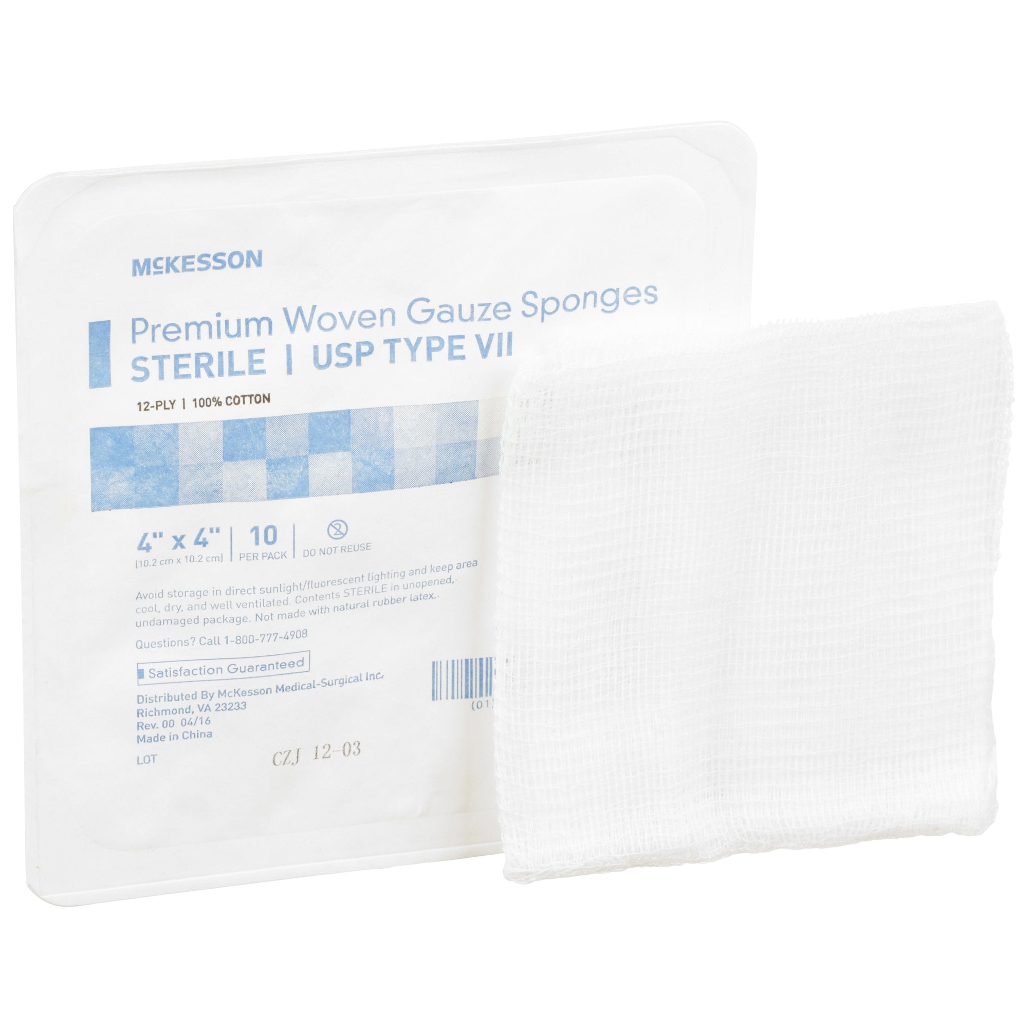 Gauze Sponge McKesson 4 X 4 Inch 12-Ply Sterile 10 per Tray, Packaging Type- Case