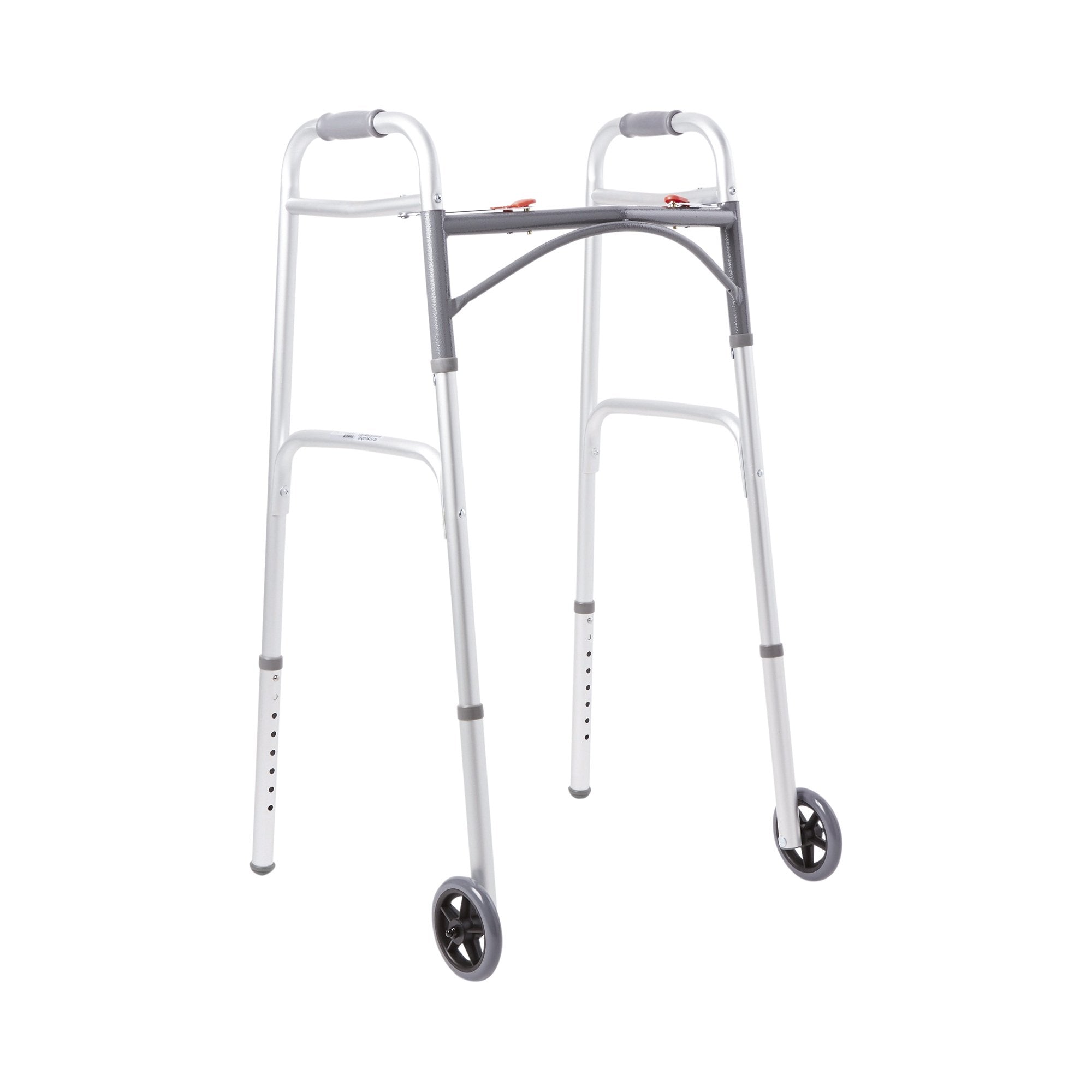 Dual Release Folding Walker with Wheels Adjustable Height McKesson Aluminum Frame 350 lbs. Weight Capacity 32 to 39 Inch Height, Packaging Type- Each