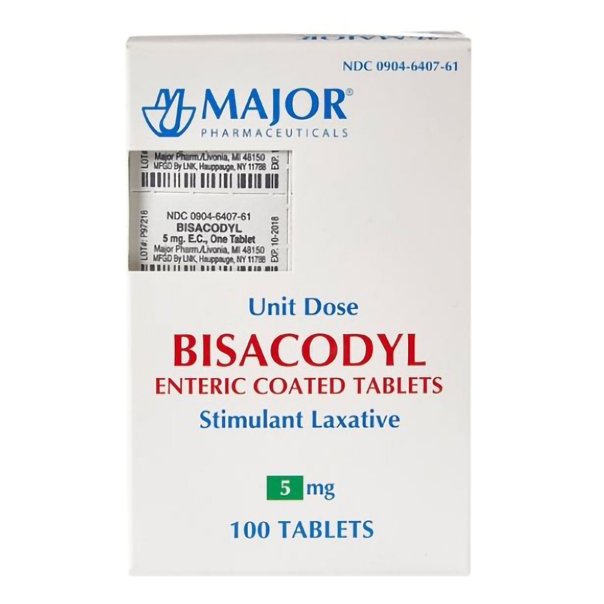 Laxative Major Tablet 100 per Bottle 5 mg Strength Bisacodyl USP, Packaging Type- Box