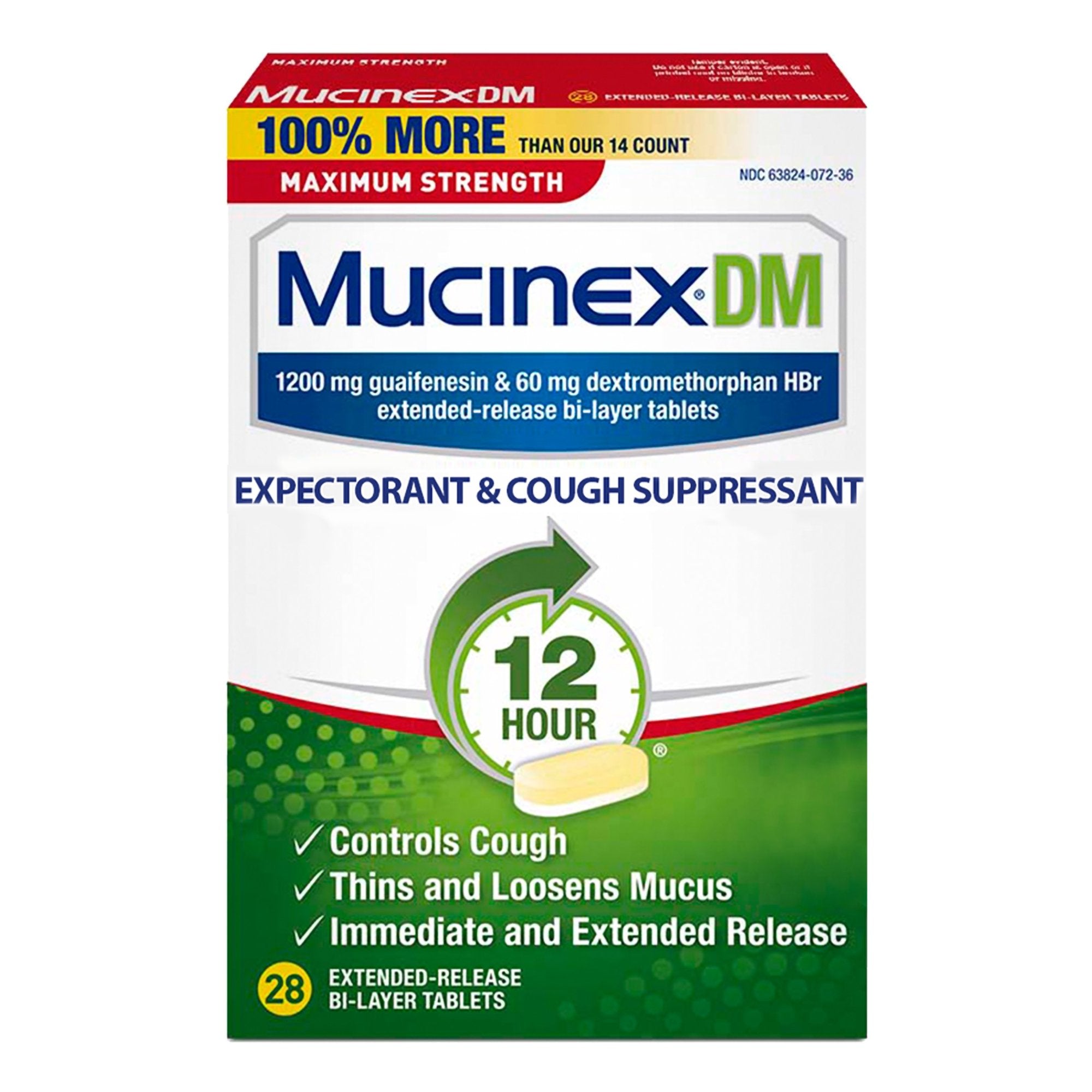 Cold and Cough Relief Mucinex DM 1,200 mg - 60 mg Strength Tablet 28 per Box, Packaging Type- Box