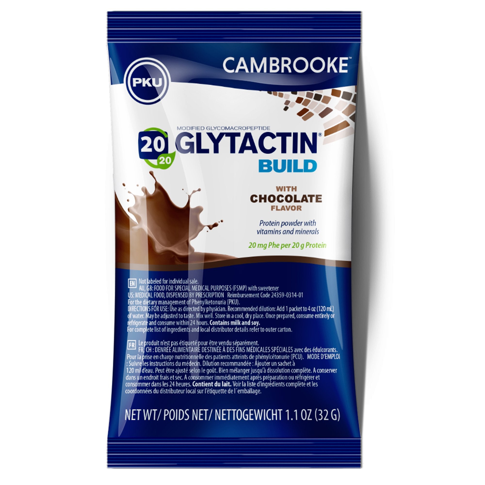 Oral Supplement Glytactin BUILD 20/20 Chocolate Flavor Powder 1.1 oz. Individual Packet, Packaging Type- Case