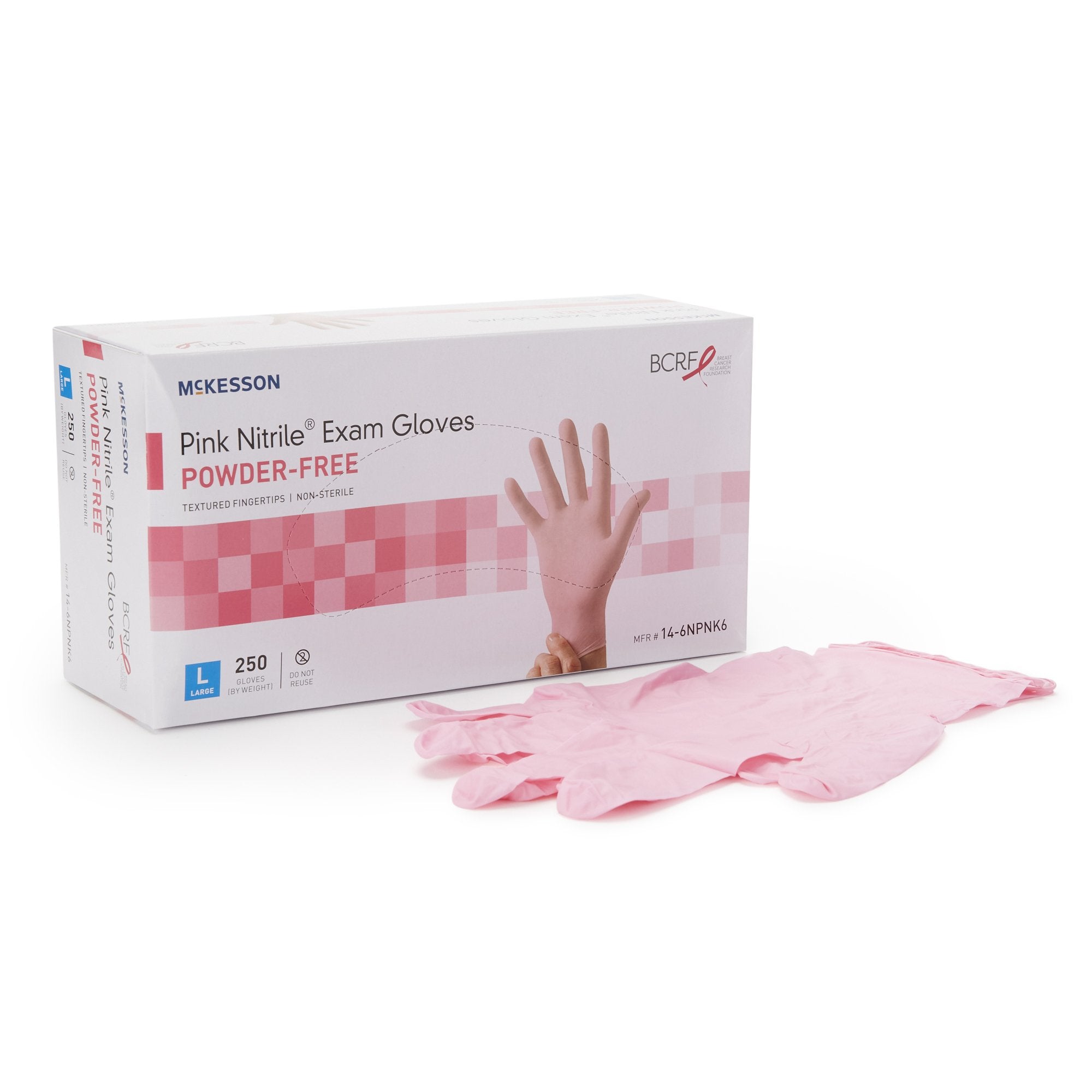 Guante de examen McKesson de nitrilo rosa grande, no estéril, de nitrilo, con puño estándar y puntas de los dedos texturizadas, color rosa. Sin calificación.