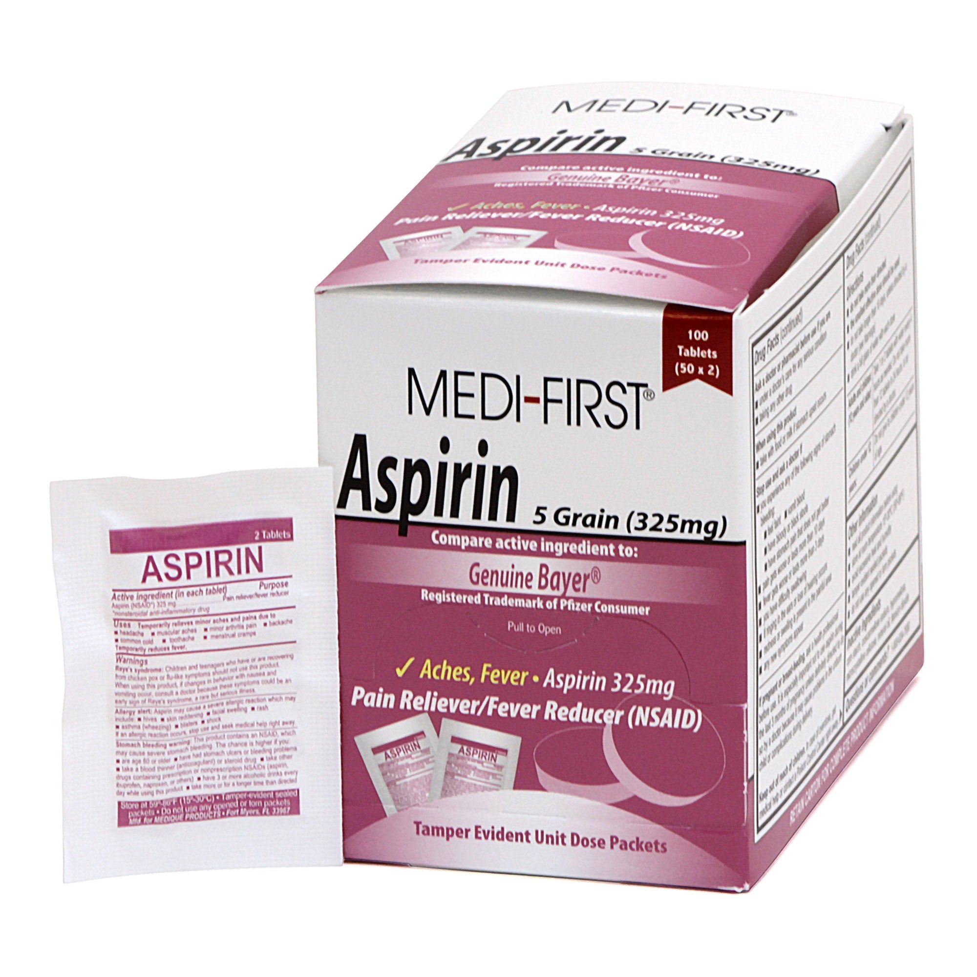 Pain Relief Medi-First 325 mg Strength Aspirin Unit Dose Tablet 100 per Box, Packaging Type- Box