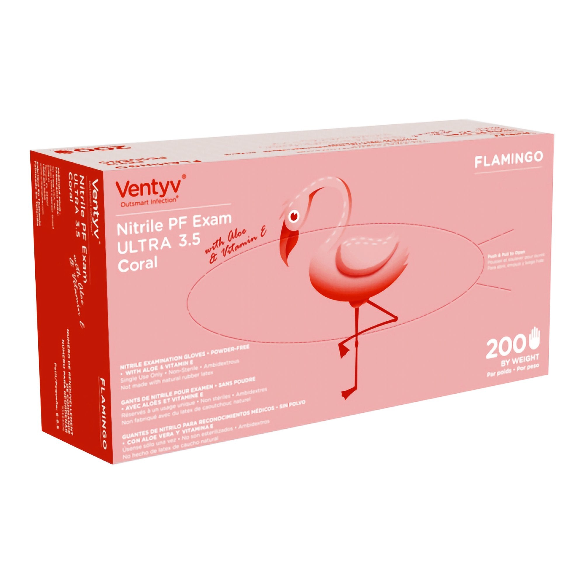 Exam Glove Ventyv Ultra 3.5 CORAL (FLAMINGO) Medium NonSterile Nitrile Standard Cuff Length Textured Fingertips Coral Not Rated, Packaging Type- Box