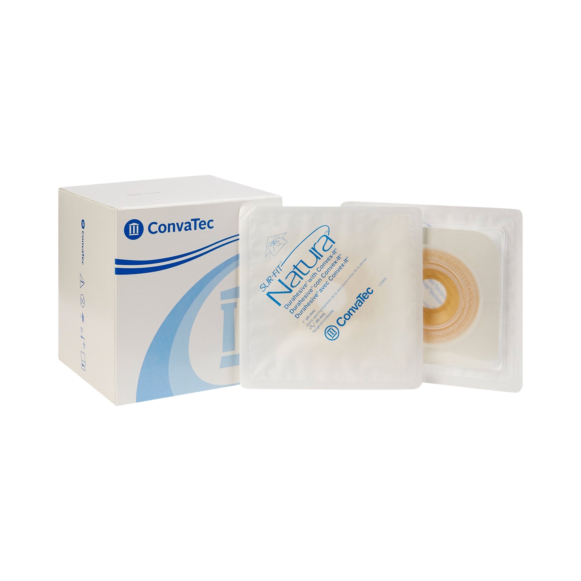 Ostomy Barrier Sur-Fit Natura Precut, Extended Wear Durahesive Adhesive 45 mm Flange Sur-Fit Natura System Hydrocolloid 1 Inch Opening 4-1/2 X 4-1/2 Inch, Packaging Type- Box