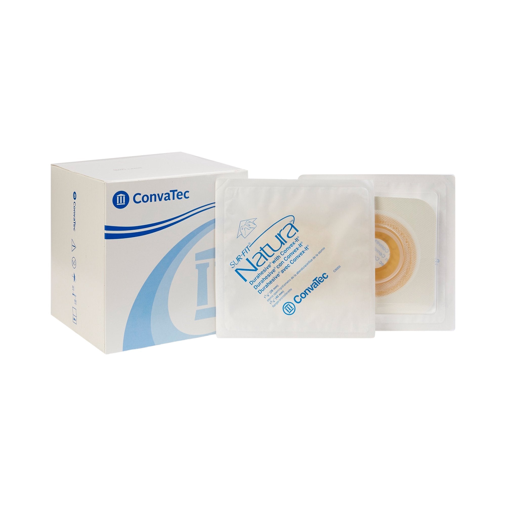 Ostomy Barrier Sur-Fit Natura Precut, Extended Wear Durahesive Adhesive 45 mm Flange Sur-Fit Natura System Hydrocolloid 1-1/8 Inch Opening 4-1/2 X 4-1/2 Inch