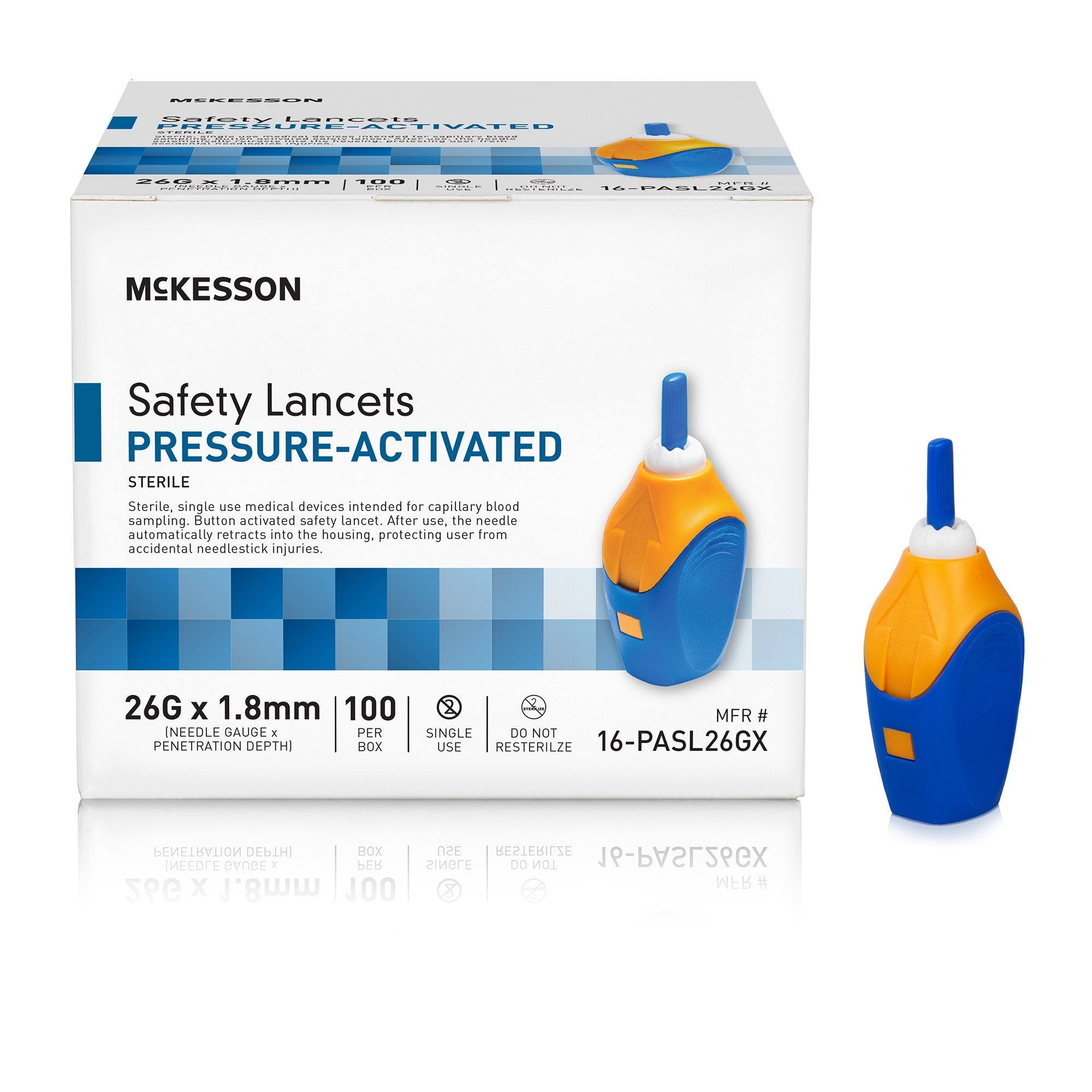 Safety Lancet McKesson 26 Gauge Retractable Pressure Activated Finger, Packaging Type- Box