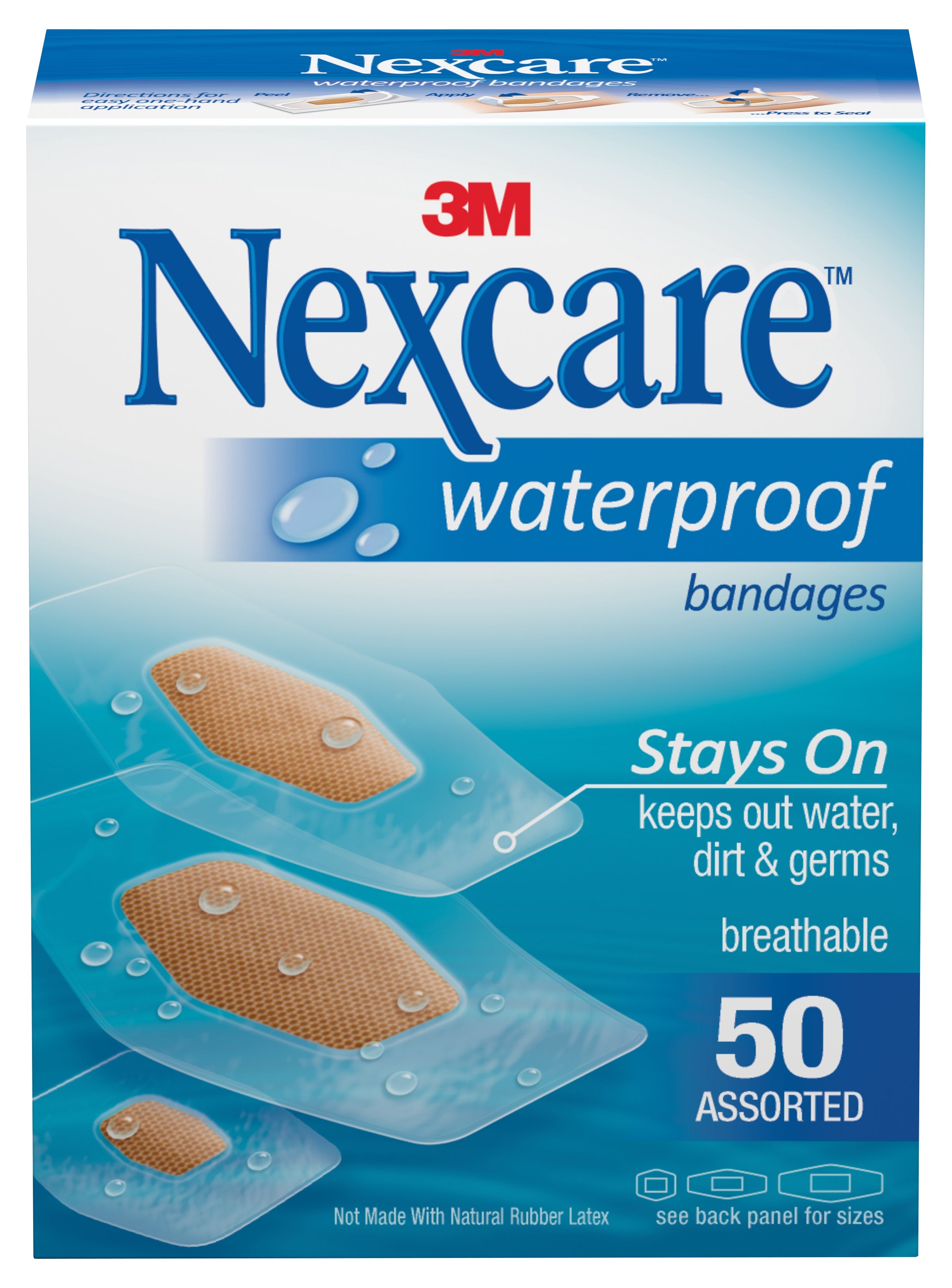 Waterproof Adhesive Strip Nexcare Wateproof 7/8 X 1-1/16 Inch / 1-1/4 X 2-1/2 Inch / 1-1/16 X 2-1/4 Inch Plastic / Film Rectangle Clear / Tan Sterile, Packaging Type- Box