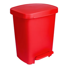 Red plastic pedal operated trash bin