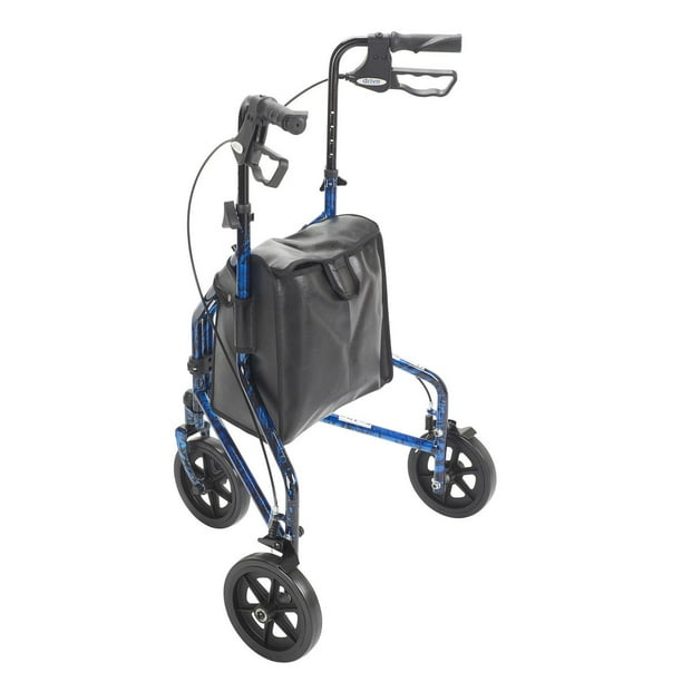 rollator 3 wheeled w pouch basket loop brake flame blue
