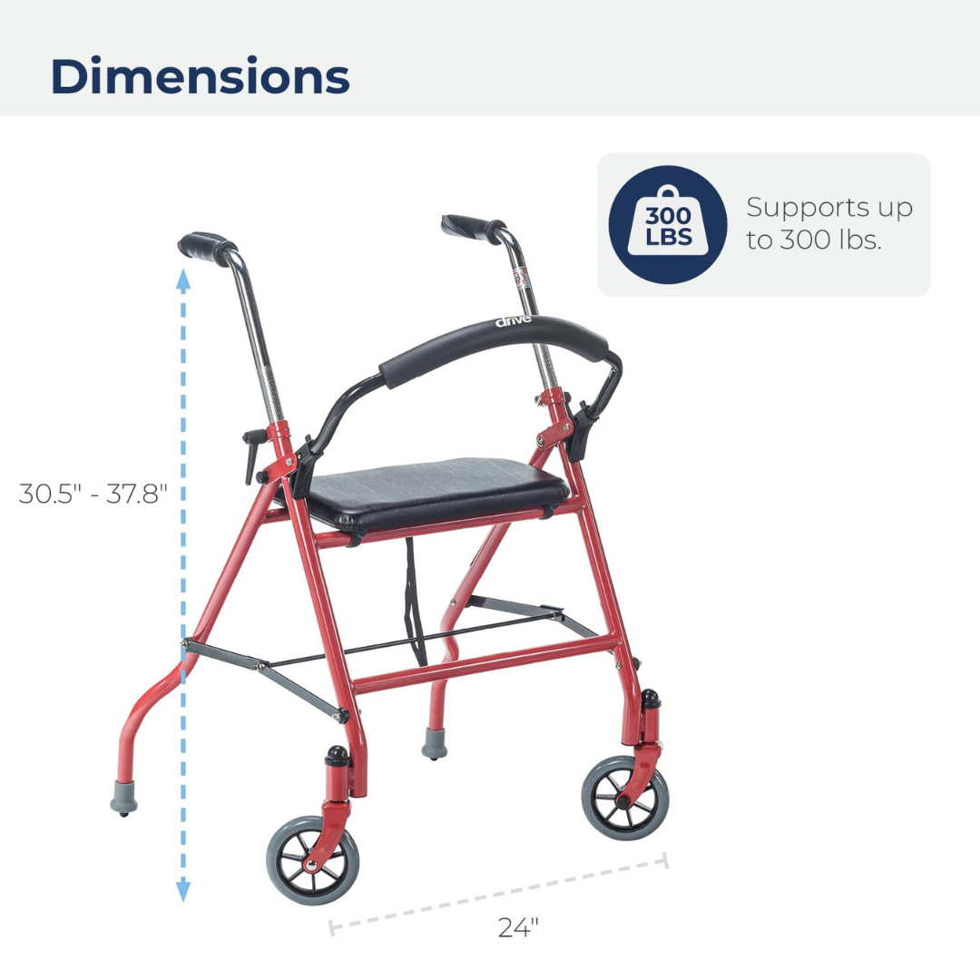 Drive Medical , Foldable Rollator For Seniors and Elders, Wheel size With Height Adjustable 15 inch, Weight Capacity 300lbs,Red Color, Foldable , 1239RD