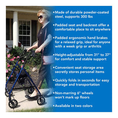 rollator steel 6 wheels blue 300 lb weight cap