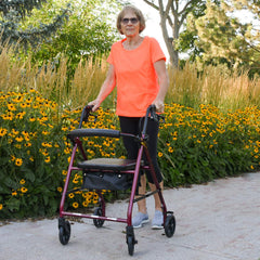 rollator steel 6 wheels burgundy 300 lb weight cap