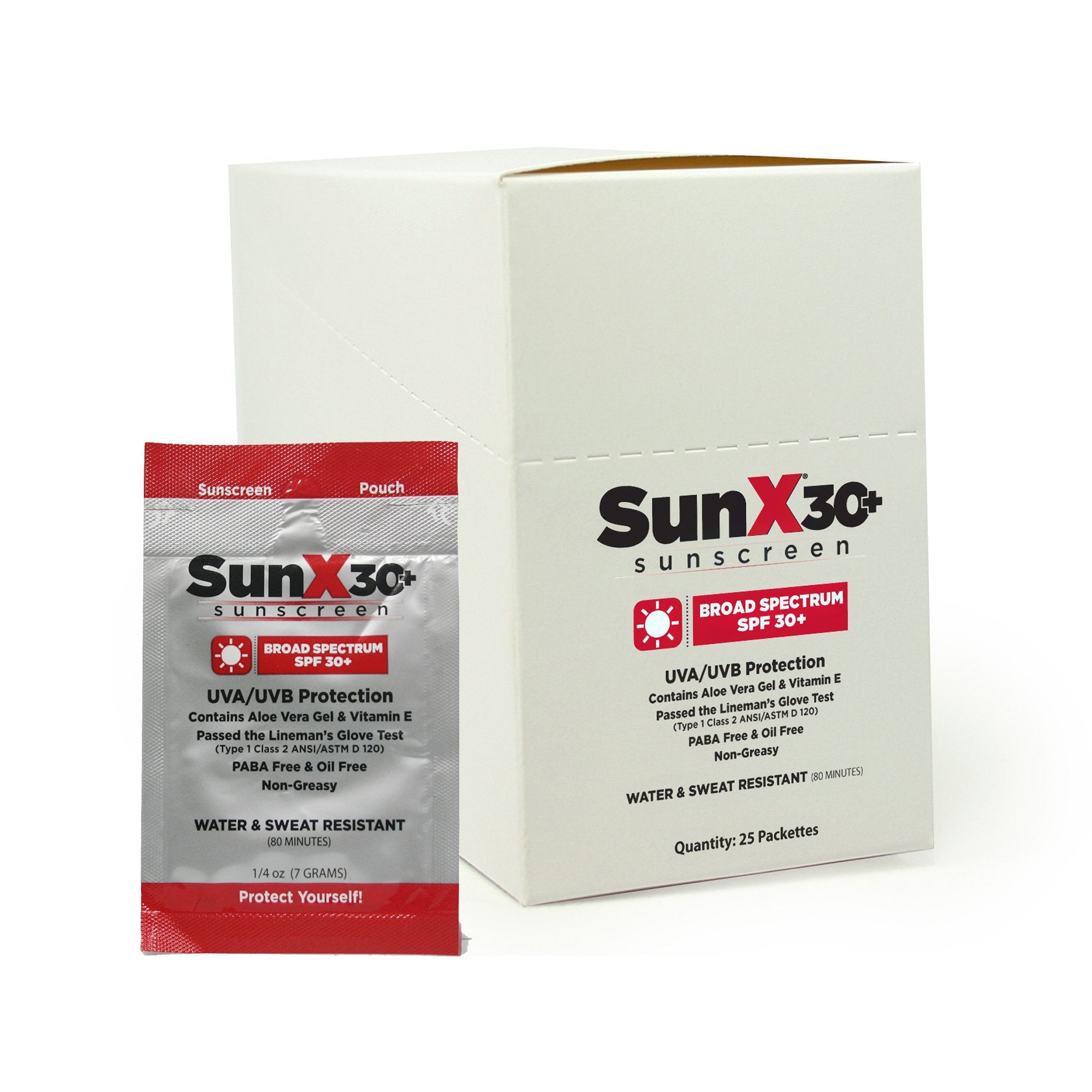 Sunscreen with Dispenser Box SunX 30+ SPF 30 Lotion 1.25 oz. Individual Packet, Packaging Type- Box