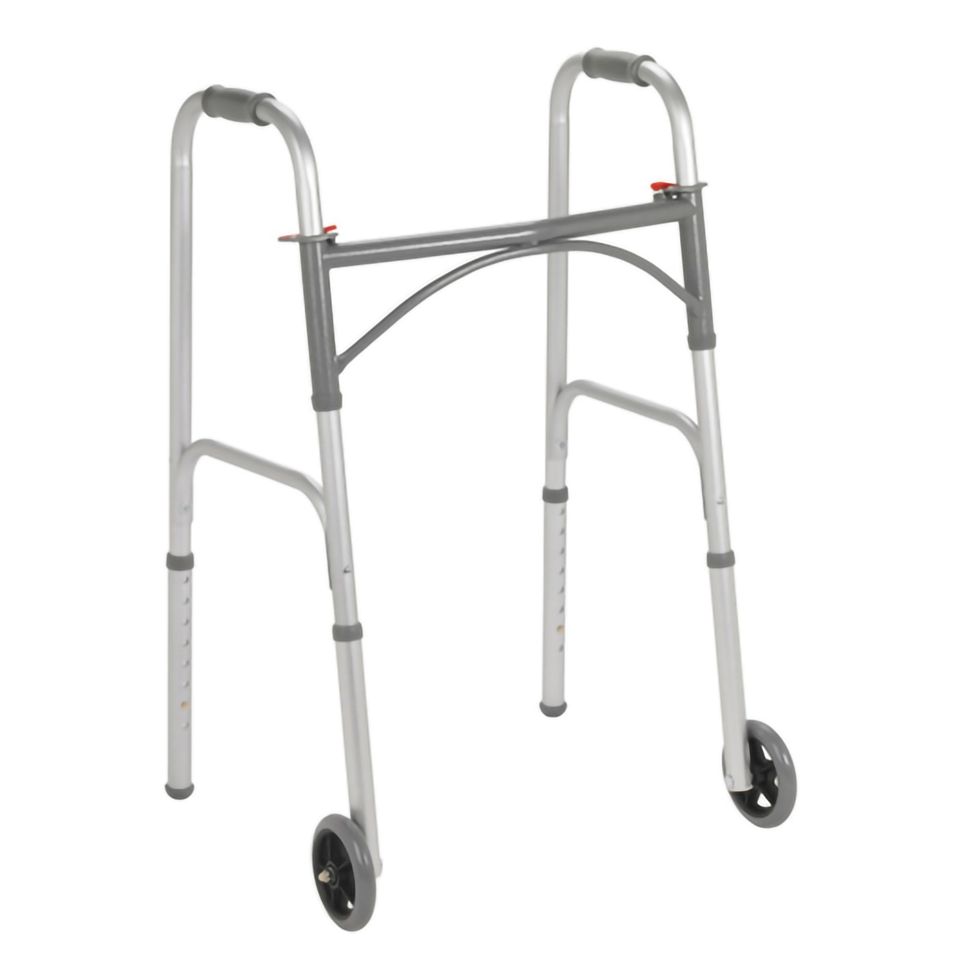 Dual Release Folding Walker with Wheels Adjustable Height McKesson Steel Frame 350 lbs. Weight Capacity 32 to 39 Inch Height, Packaging Type- Case