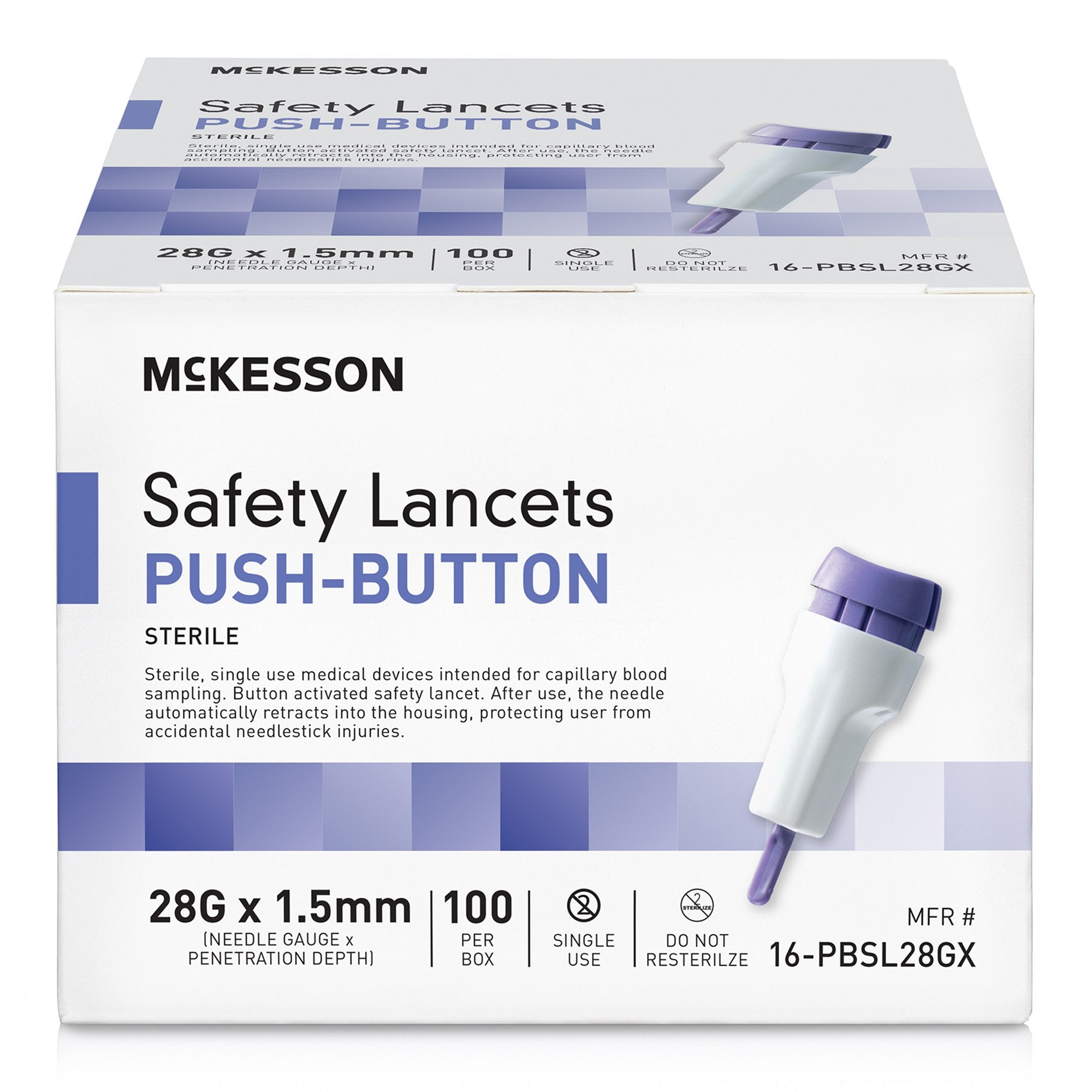 Safety Lancet McKesson 28 Gauge Retractable Push Button Activation Finger