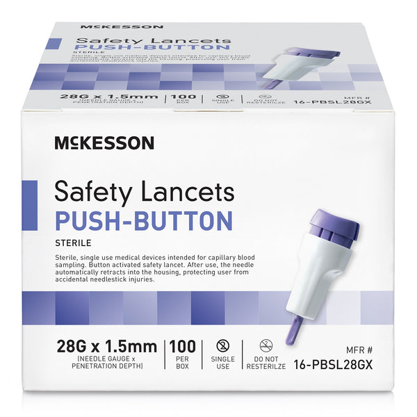 Safety Lancet McKesson 28 Gauge Retractable Push Button Activation Finger