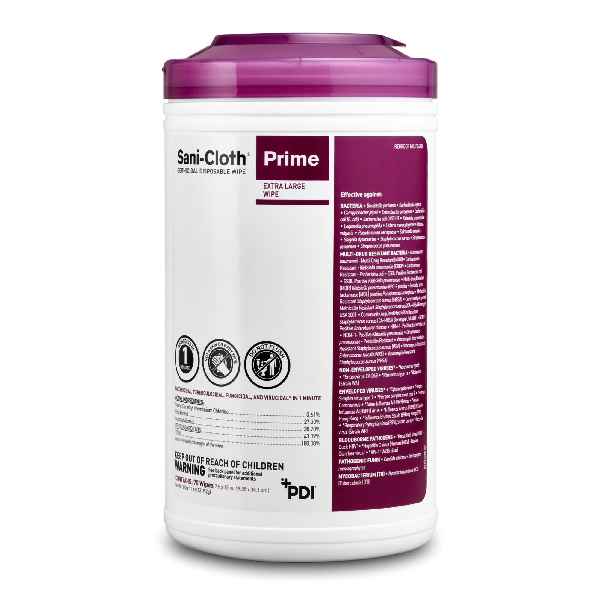 Sani Cloth Prime Surface Disinfectant Cleaner Premoistened Germicidal Manual Pull Wipe 70 Count Canister Alcohol Scent NonSterile