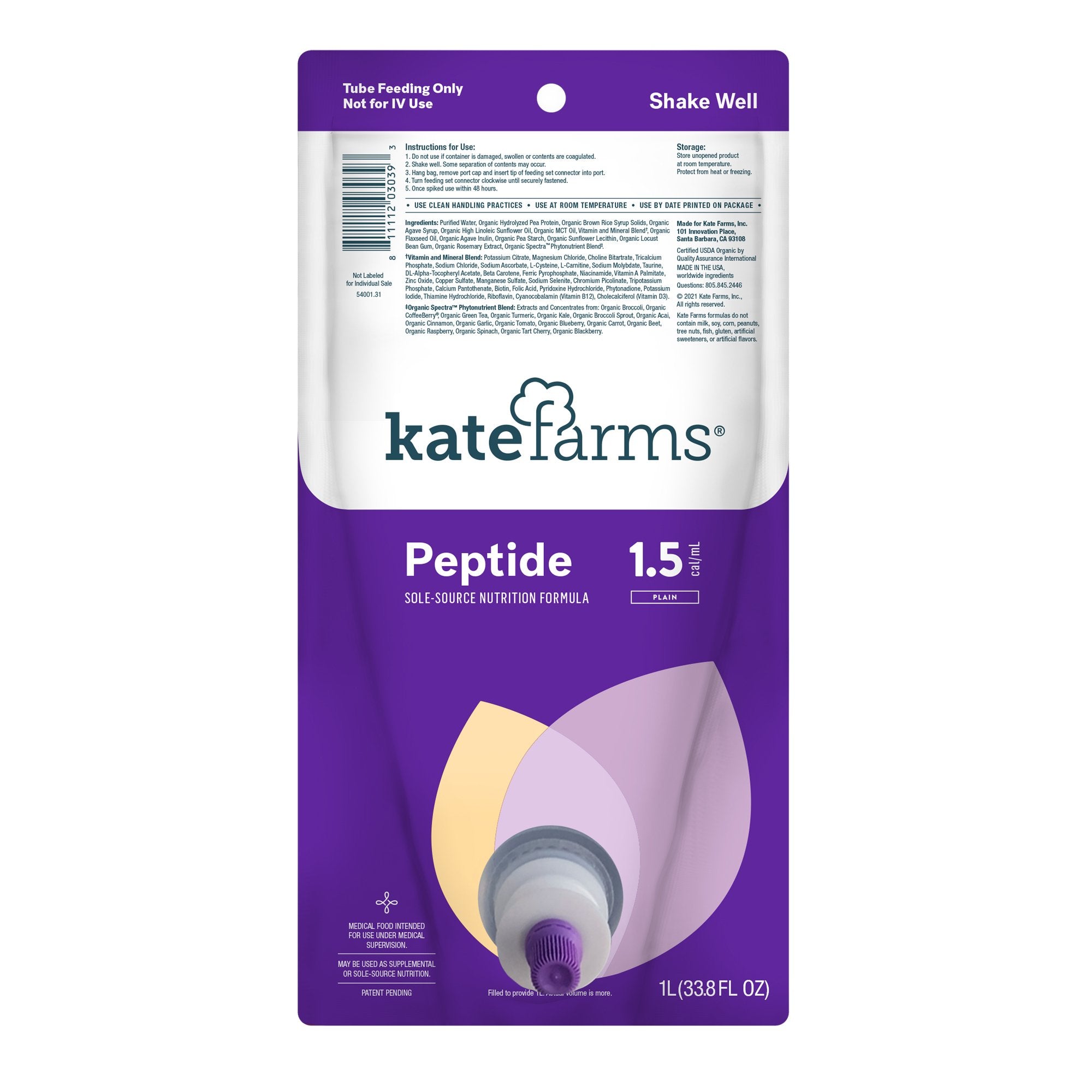 Tube Feeding Formula Kate Farms Peptide 1.5 Closed System Unflavored Liquid 1000 mL Ready to Hang Prefilled Container