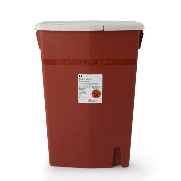 Sharps Container SharpSafety Red Base 26 H X 18 1/4 W X 12 3/4 D Inch Horizontal Entry 18 Gallon