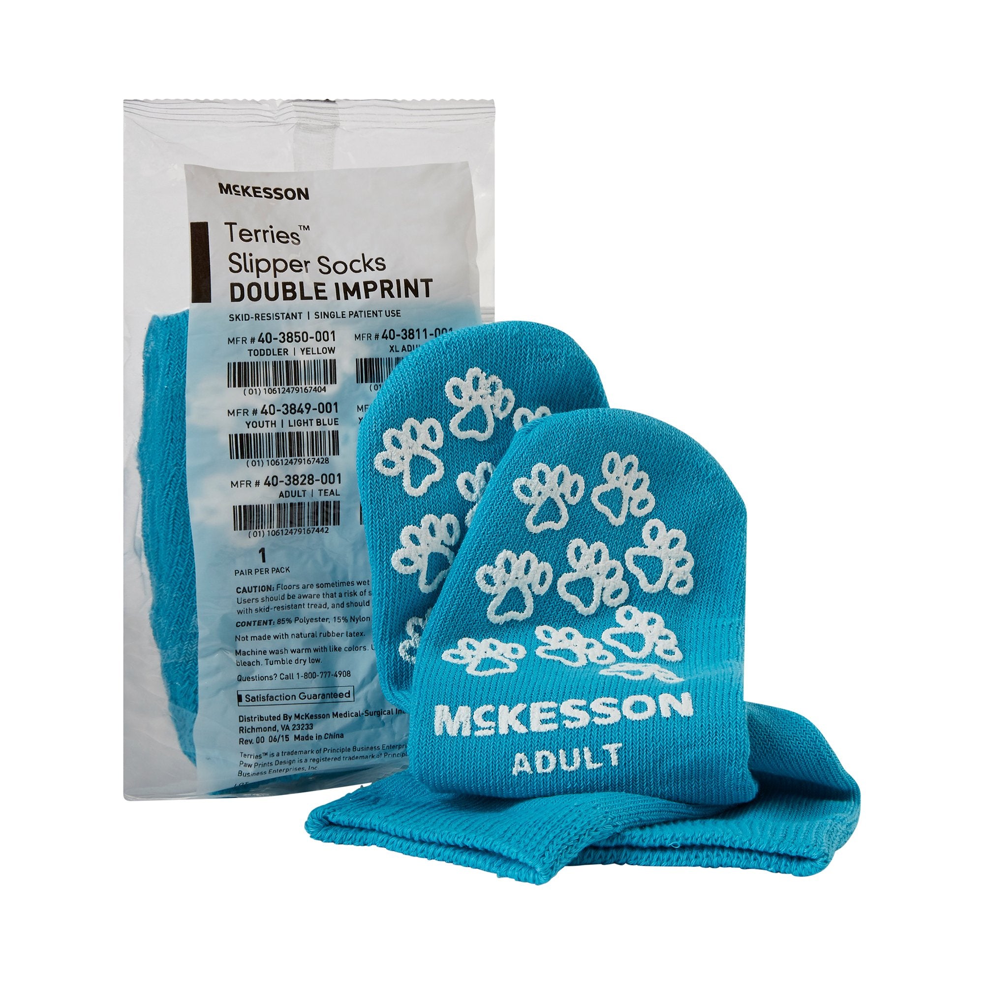 Slipper Socks McKesson Terries Unisex Adult One Size Fits Most Double Tread Single Patient Use Teal, Packaging Type- Case