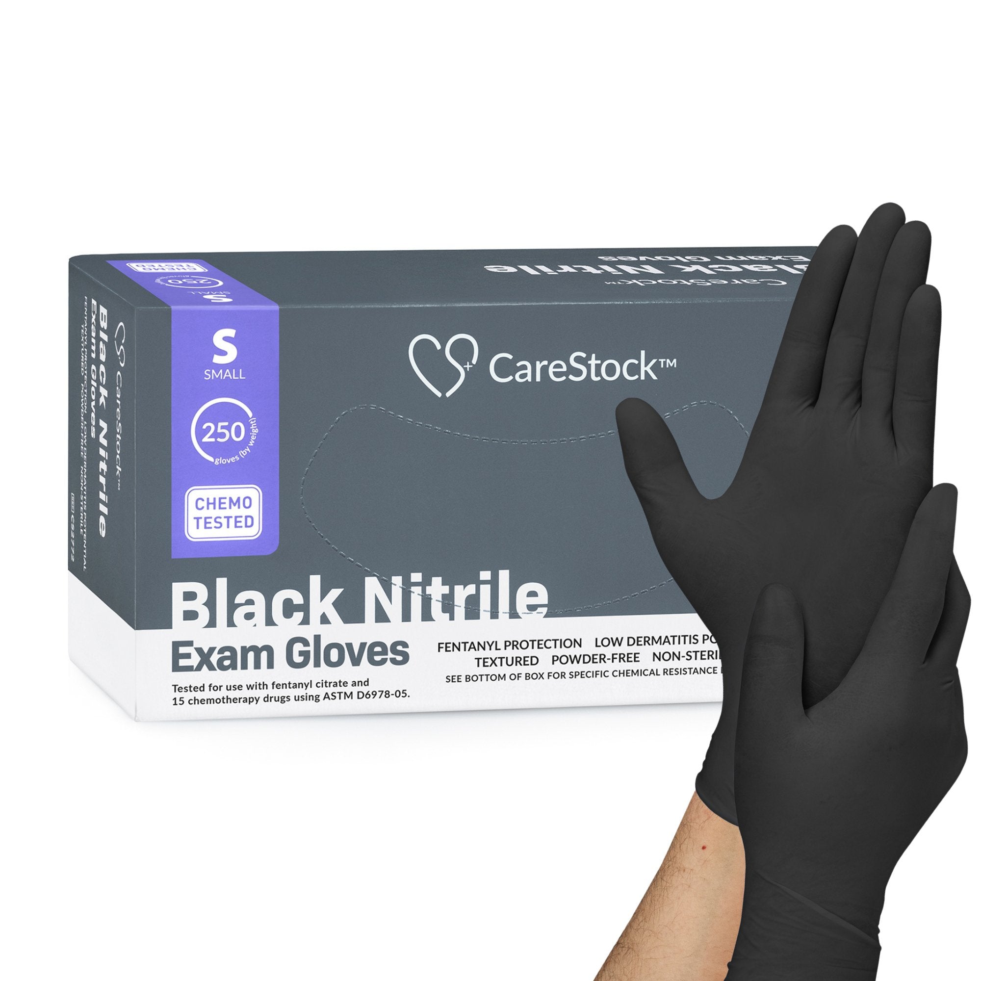 Exam Glove CareStock Small NonSterile Nitrile Standard Cuff Length Fully Textured Black Not Rated, Packaging Type- Box