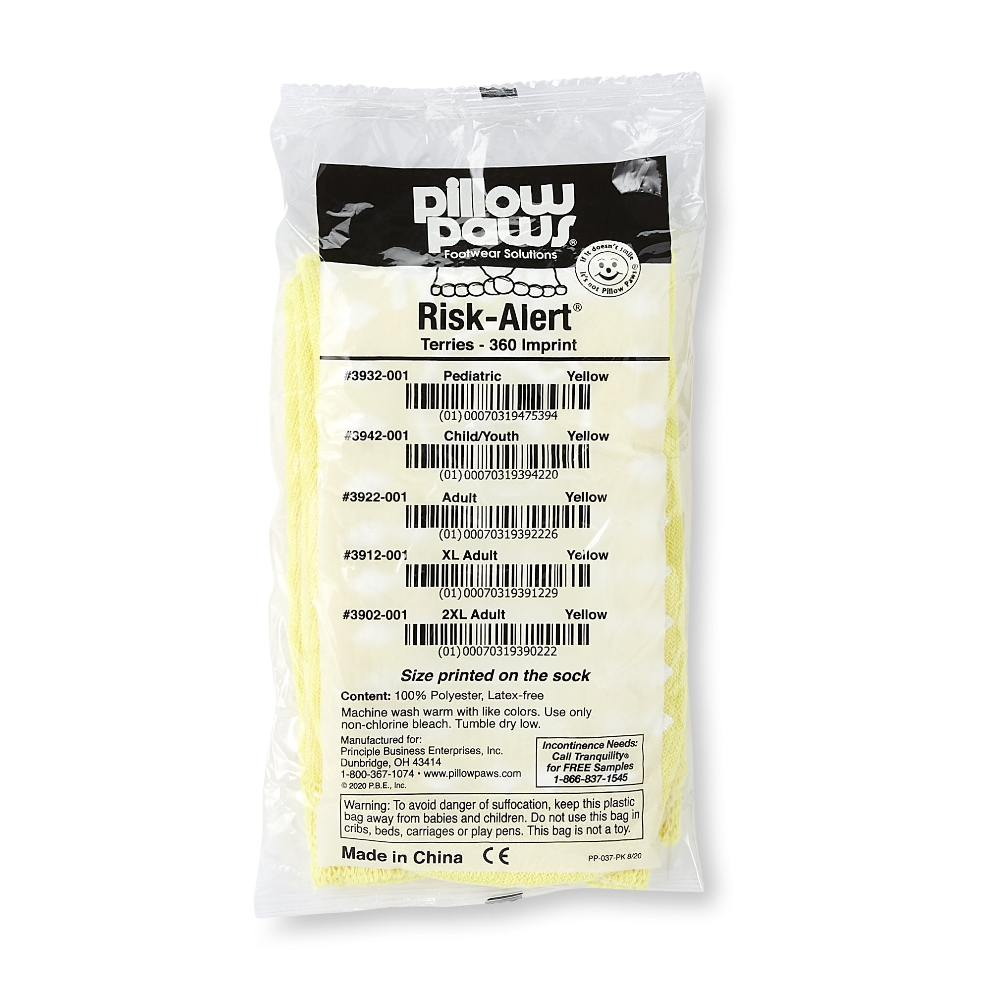Slipper Socks Pillow Paws Risk Alert Terries Unisex Adult X Large All Around Tread Single Patient Use Yellow