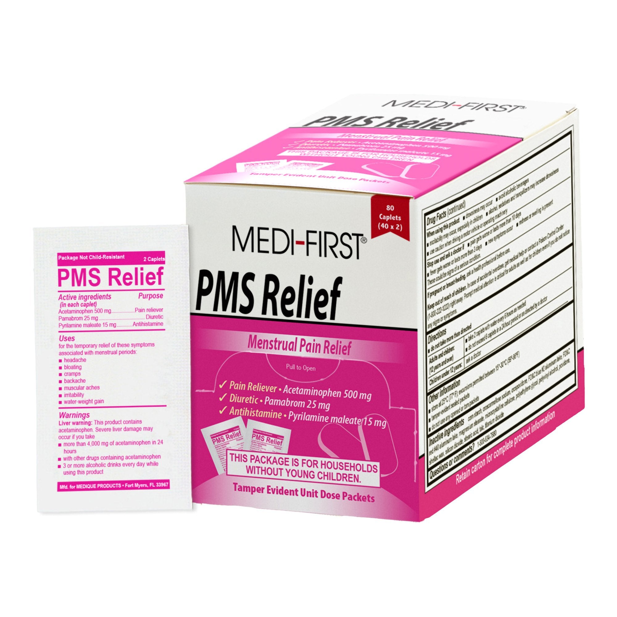 Pain Relief PMS Relief 500 mg - 25 mg - 15 mg Strength Acetaminophen - Pamabrom - Pyrilamine maleate Caplet 80 per Box, Packaging Type- Box