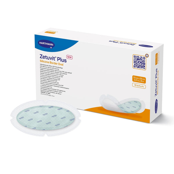 Super Absorbent Dressing Zetuvit Plus Silicone Border Silicone Adhesive 4.7 X 9 Inch Oval