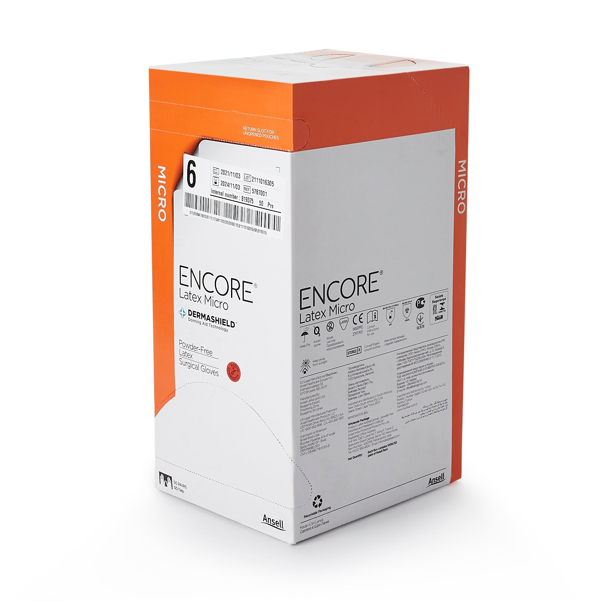 surgical glove encore latex micro size 6 sterile latex standard cuff length micro textured brown chemo tested packaging type case