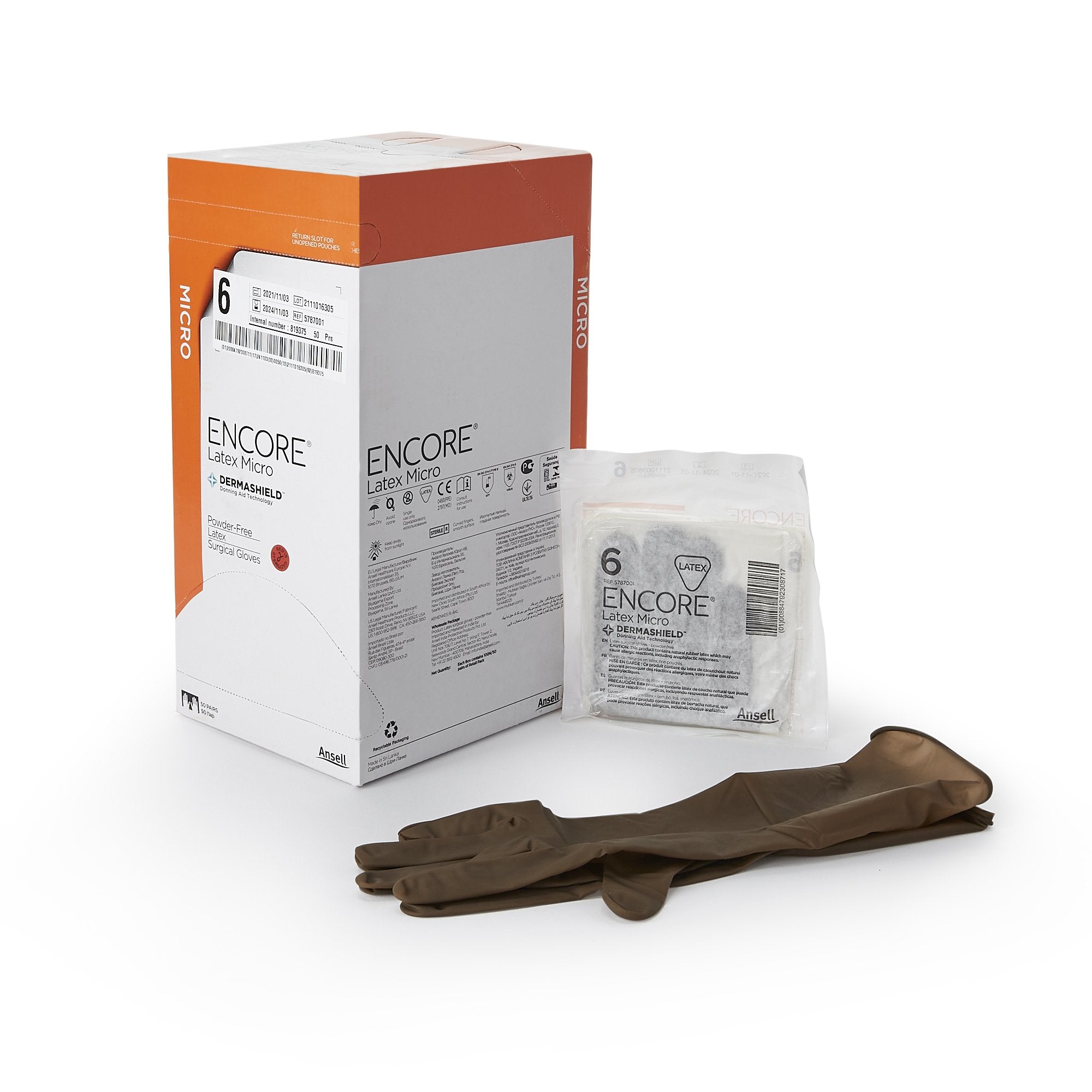 Surgical Glove ENCORE Latex Micro Size 6 Sterile Latex Standard Cuff Length Micro Textured Brown Chemo Tested