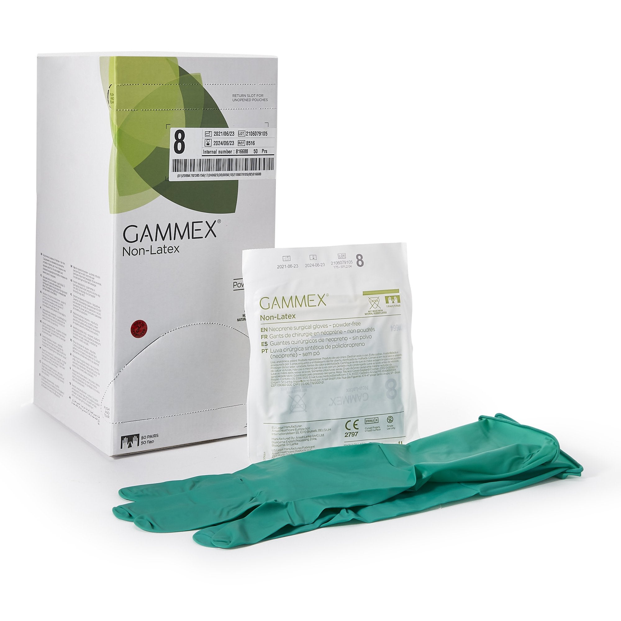 Surgical Glove GAMMEX Non Latex Size 8 Sterile Polyisoprene Standard Cuff Length Micro Textured Green Chemo Tested