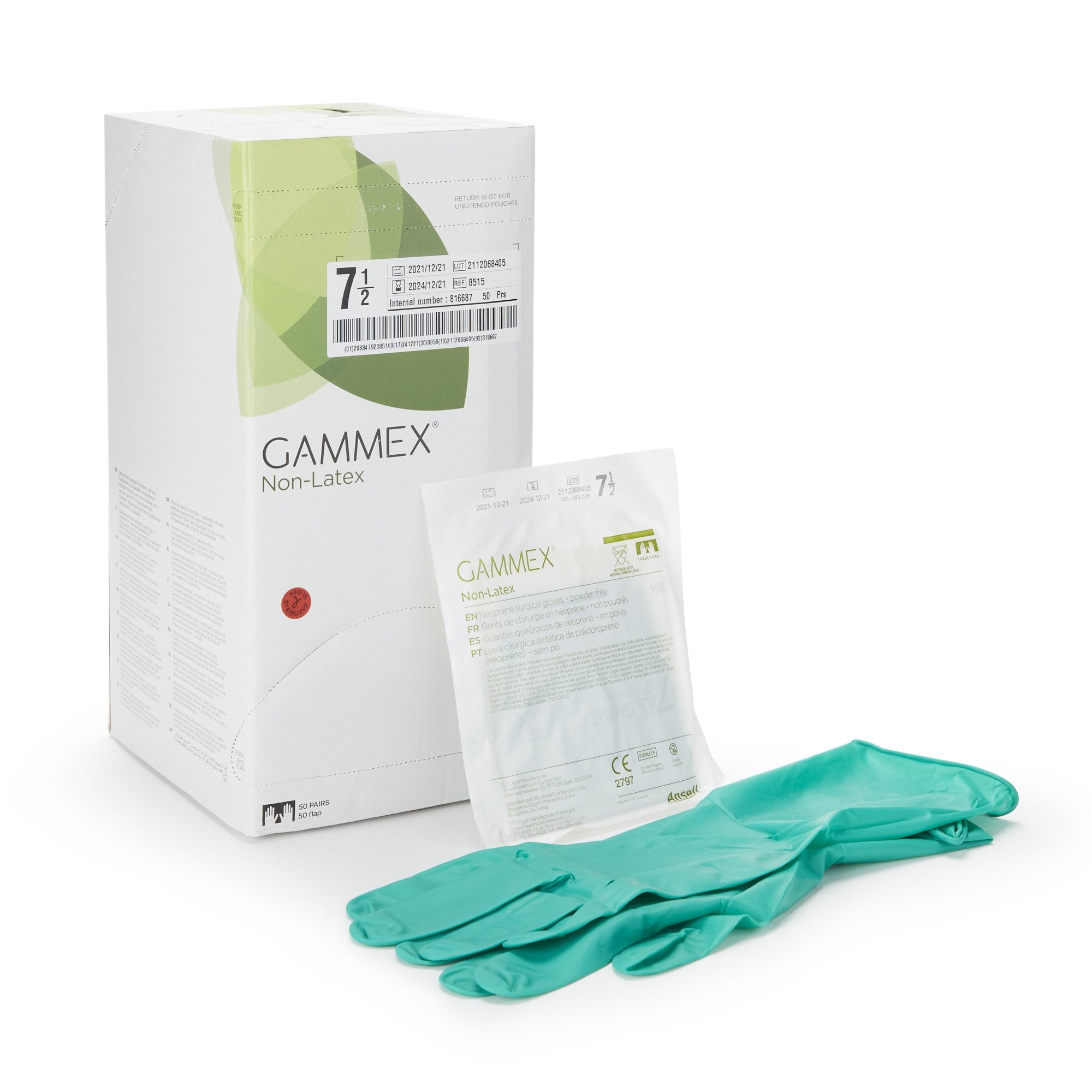 Surgical Glove GAMMEX Non Latex Size 7.5 Sterile Polyisoprene Standard Cuff Length Micro Textured Green Chemo Tested