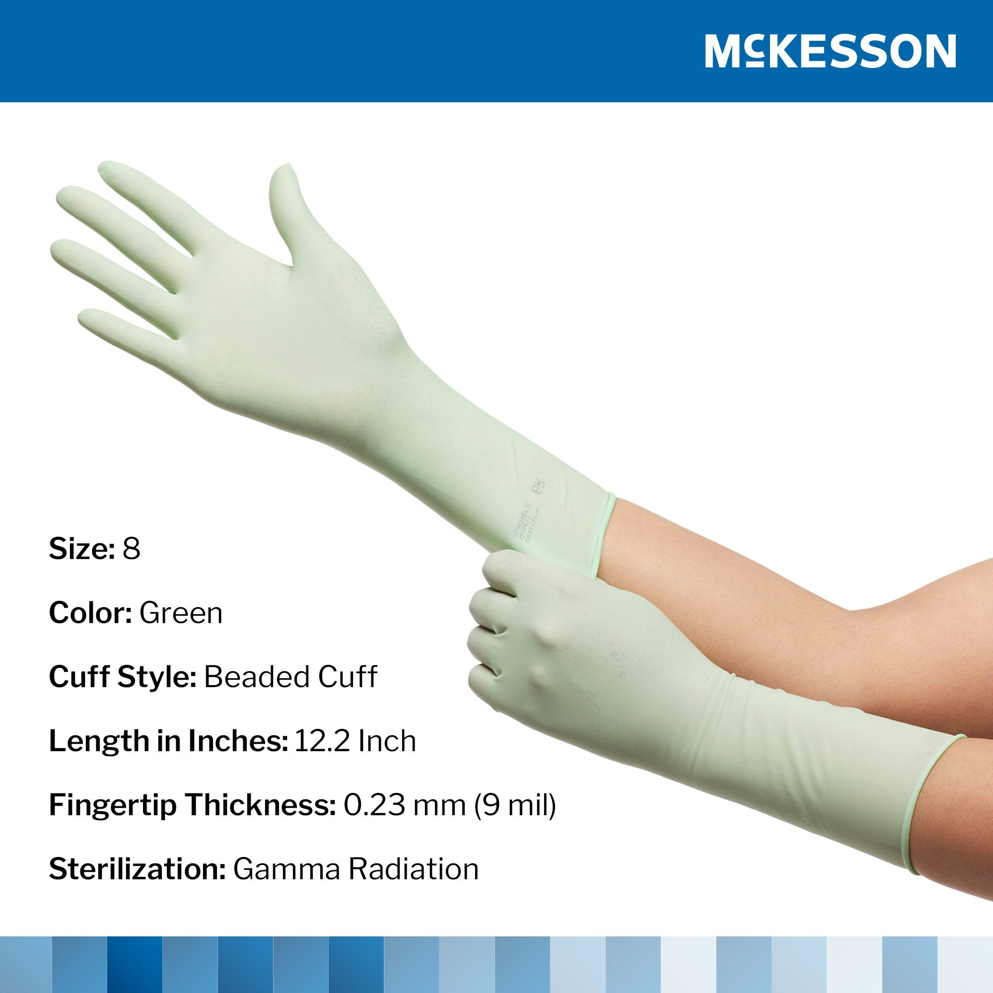 surgical glove mckesson perry performance plus size 8 sterile polyisoprene standard cuff length smooth green chemo tested packaging type box