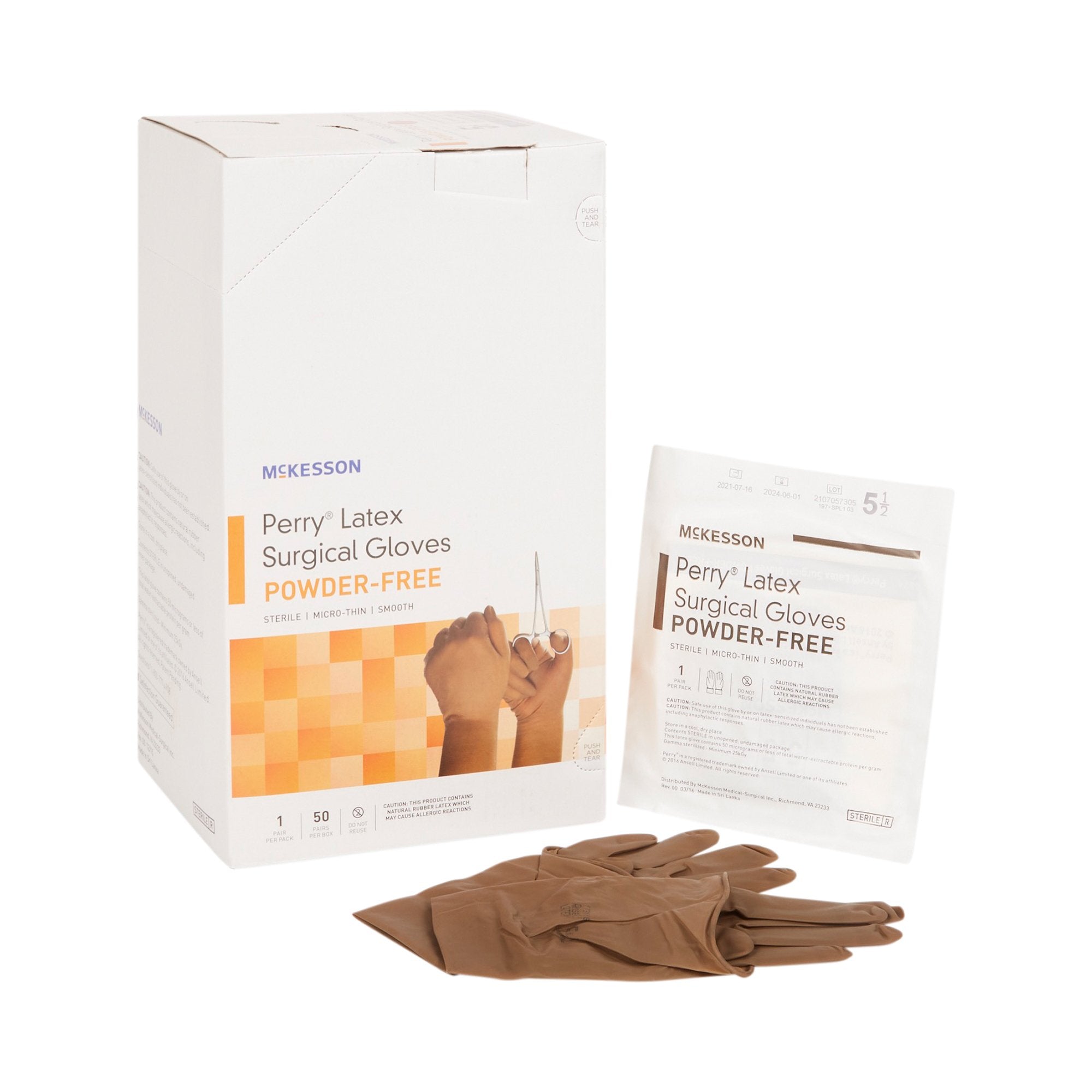 Surgical Glove McKesson Perry Size 5.5 Sterile Latex Standard Cuff Length Smooth Brown Not Chemo Approved