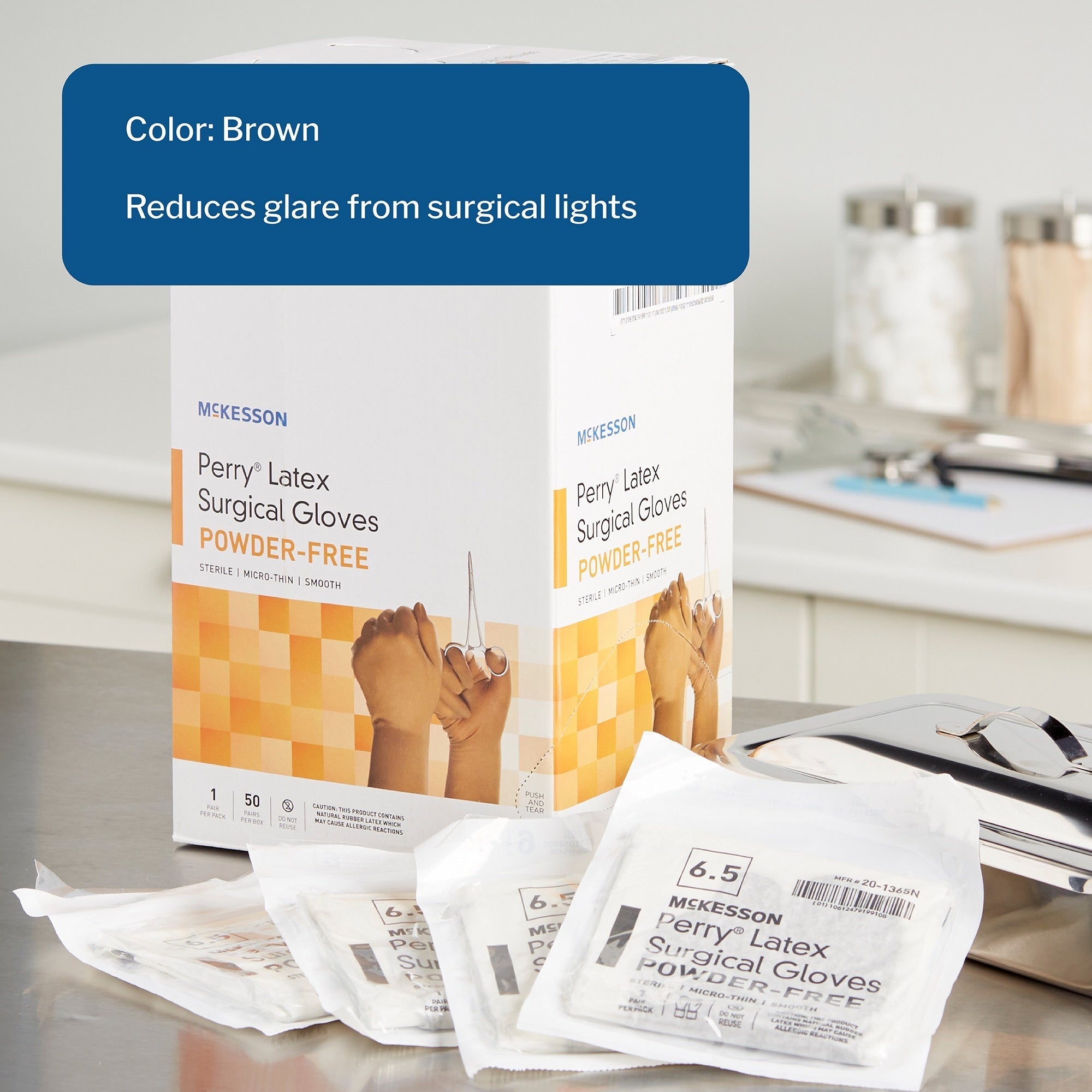 surgical glove mckesson perry size 6 5 sterile latex standard cuff length smooth brown not chemo approved packaging type box