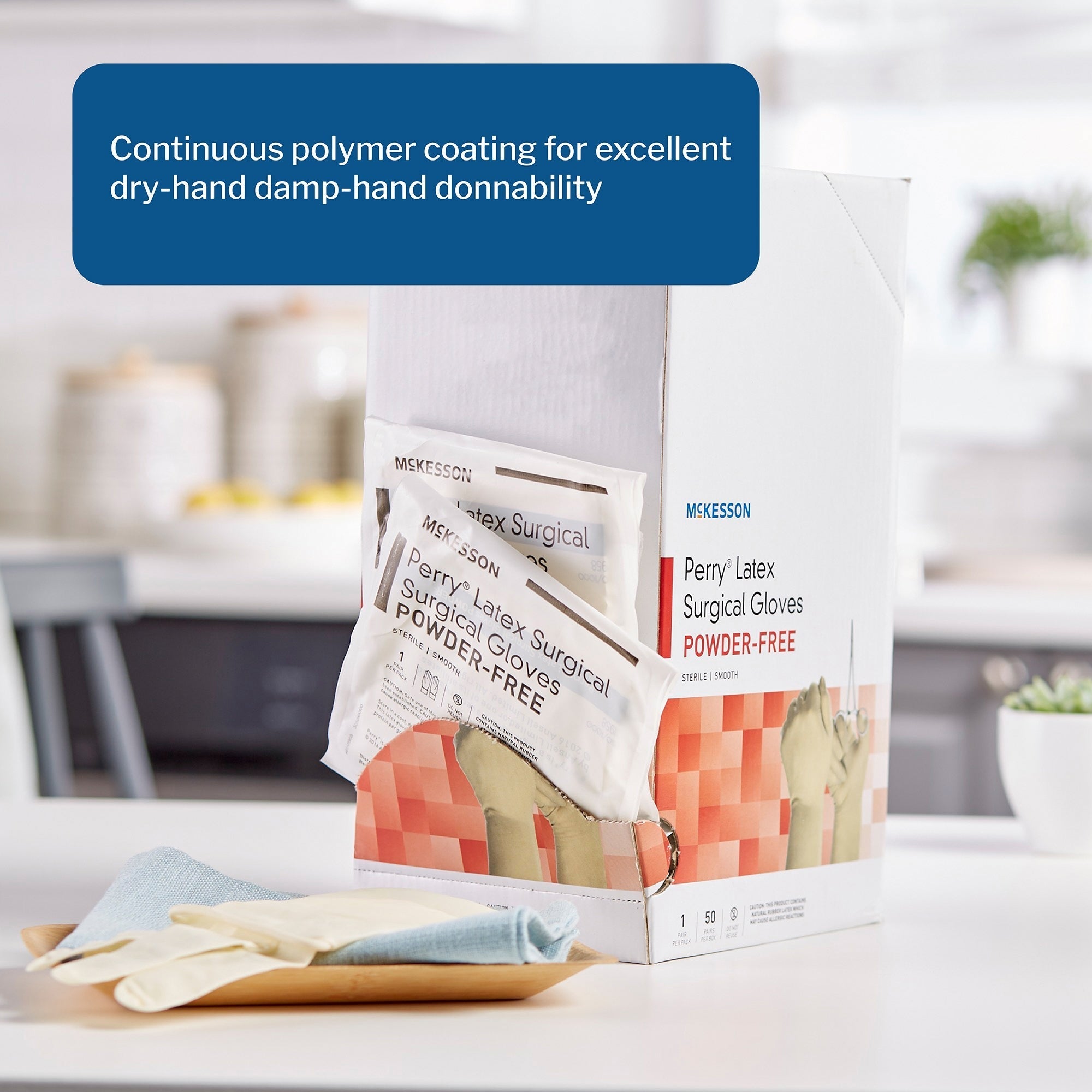 surgical glove mckesson perry size 6 5 sterile latex standard cuff length smooth cream not chemo approved packaging type box