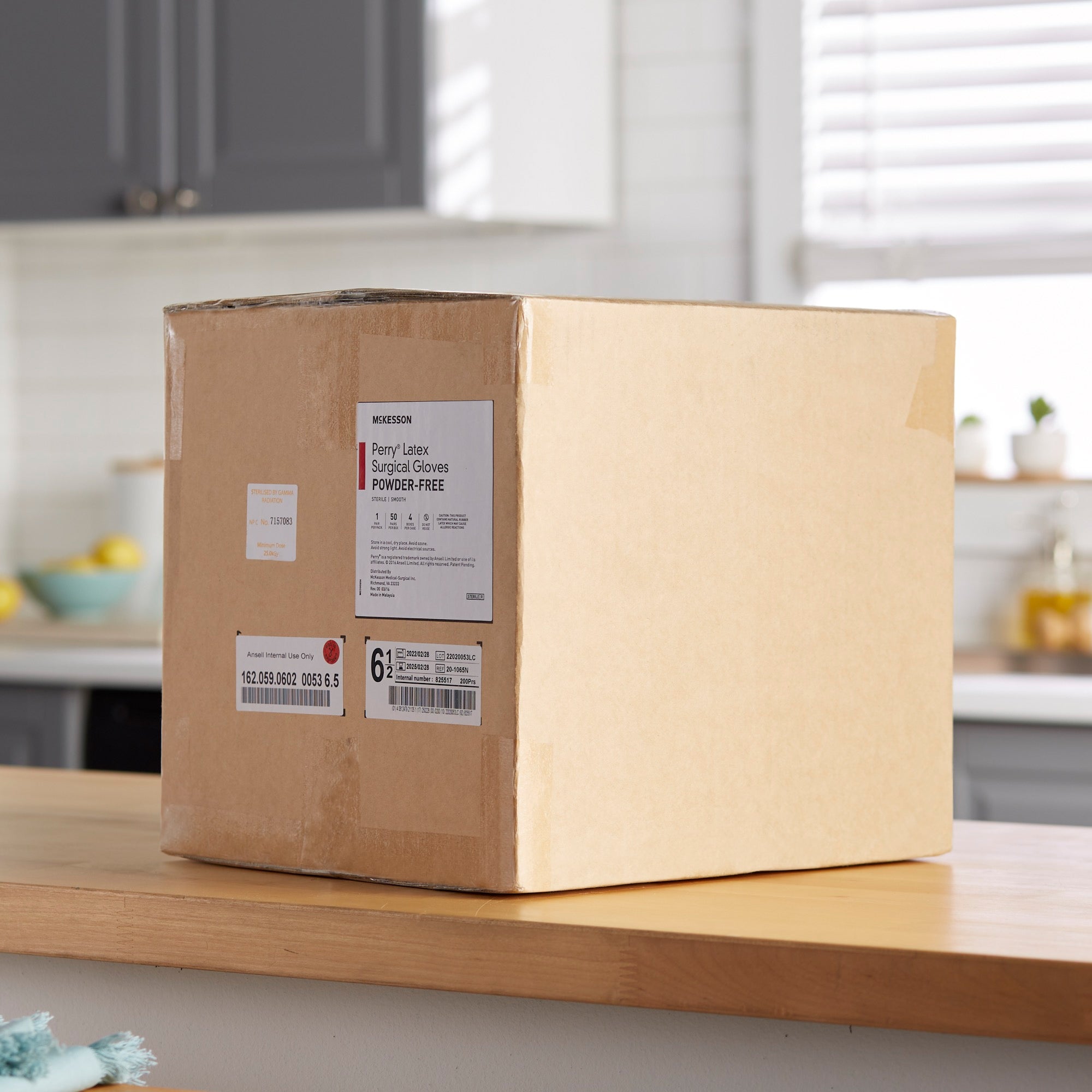 surgical glove mckesson perry size 6 5 sterile latex standard cuff length smooth cream not chemo approved packaging type box