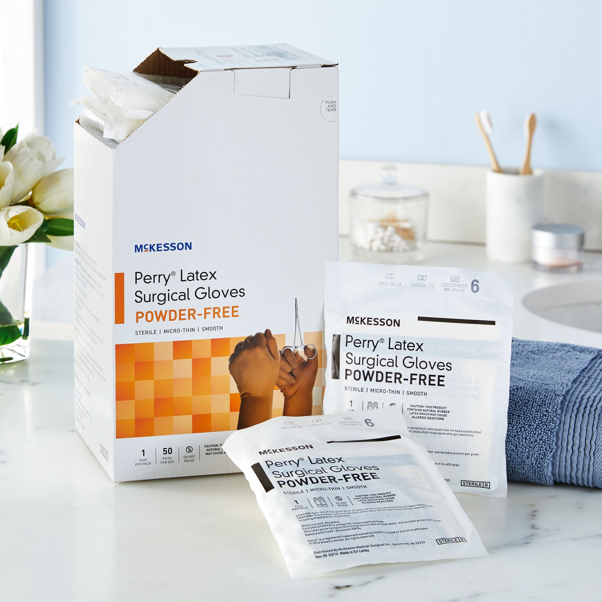surgical glove mckesson perry size 6 sterile latex standard cuff length smooth brown not chemo approved packaging type box