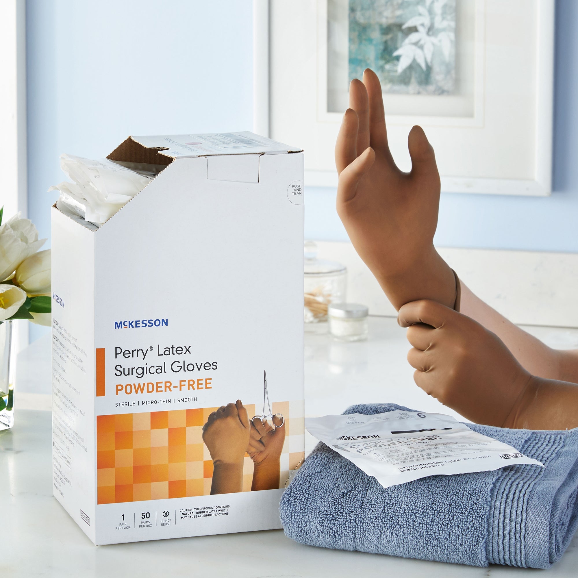 surgical glove mckesson perry size 6 sterile latex standard cuff length smooth brown not chemo approved packaging type box
